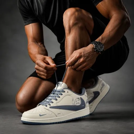 کفش کژوال و اسپرت نایکی مدل Nike Air Jordan 1 Low x Travis Scott x Stüssy - کرم-سفید با لوگوی معکوس طوسی | مستر کوالیتی