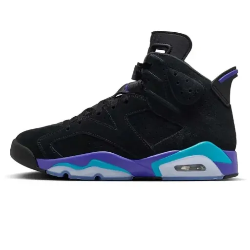 کتونی نایکی ایر جردن ۶ (Nike Air Jordan 6 Retro Aqua) - رویه نبوک مشکی با جزئیات بنفش و فیروزه‌ای و کپسول هوا | مستر کوالیتی