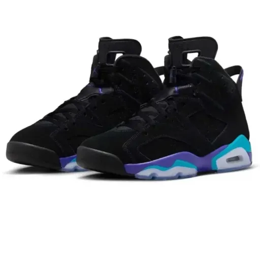 کتونی نایکی ایر جردن ۶ (Nike Air Jordan 6 Retro Aqua) - رویه نبوک مشکی با جزئیات بنفش و فیروزه‌ای و کپسول هوا | مستر کوالیتی