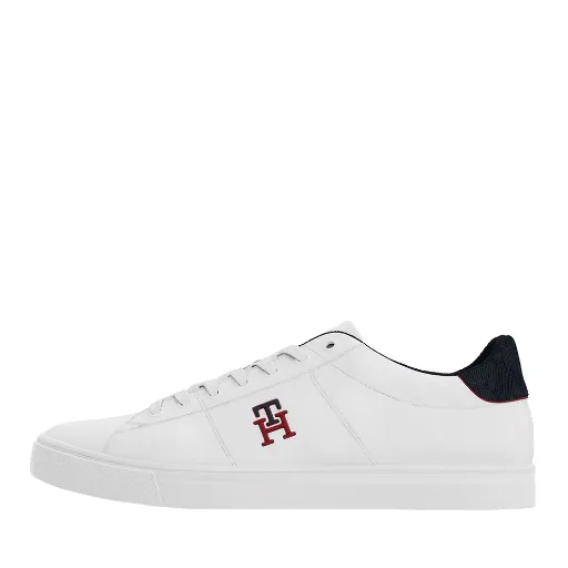 کتونی تامی هیلفیگر کژوال (Tommy Hilfiger White Navy Embroided) - رویه چرم سفید با پشت پاشنه سرمه‌ای و لوگوی گلدوزی | مستر کوالیتی
