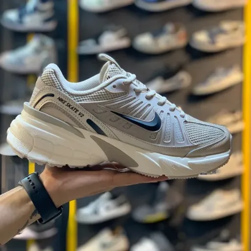 کتونی نایکی اسکی ۲ (Nike Initiator / Skate V2 Cream Navy) - رویه ترکیبی مش و چرم کرم طوسی با سووش سرمه‌ای | مستر کوالیتی