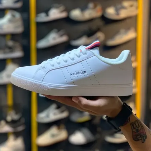 کتونی تامی هیلفیگر (Tommy Hilfiger Perforated White) - رویه چرم سفید سوزنی با پرچم سه رنگ | مستر کوالیتی